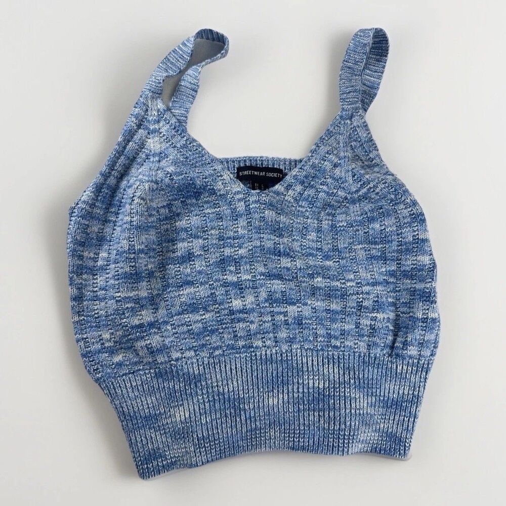Streetwear Society Women’s Knitted Light Blue Crop Top Large Sleeveless Strap